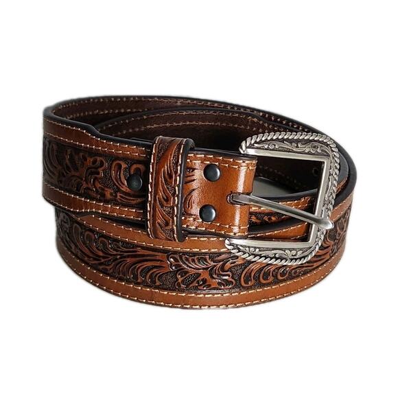 Ariat Belt Leather Tooled Floral Tabs Limited Edition Silver Buckle Western 36 - Picture 1 of 8